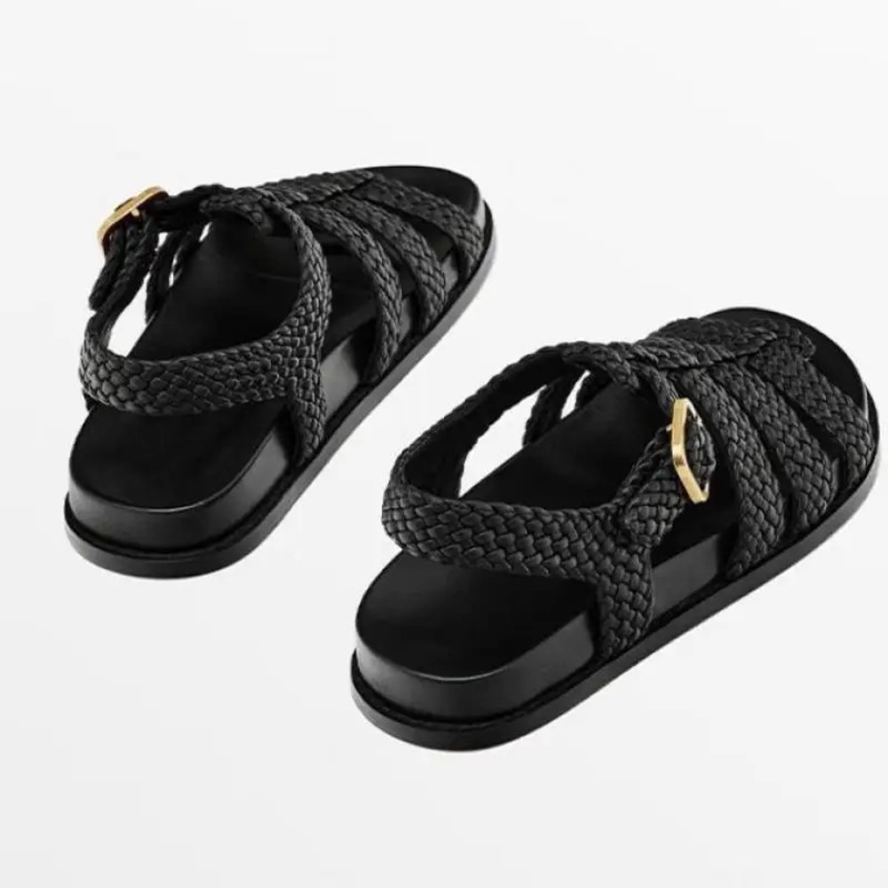 Woven Strap Black Women’s Sandals with Gold Buckle - Picture 3 of 9